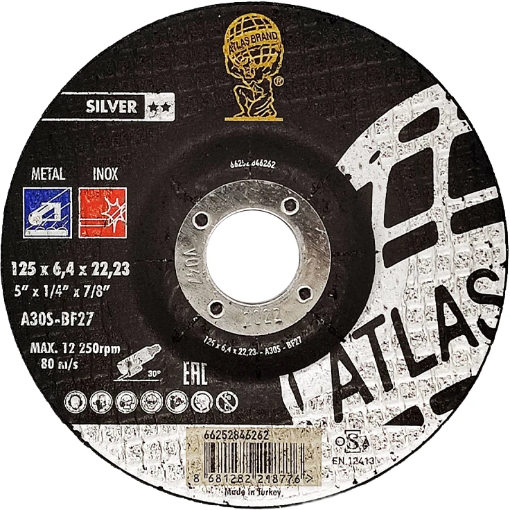 Диск шлифовальный по нержавеющей стали ATLAS INOX 125x6,4x22,2 A30S-T27