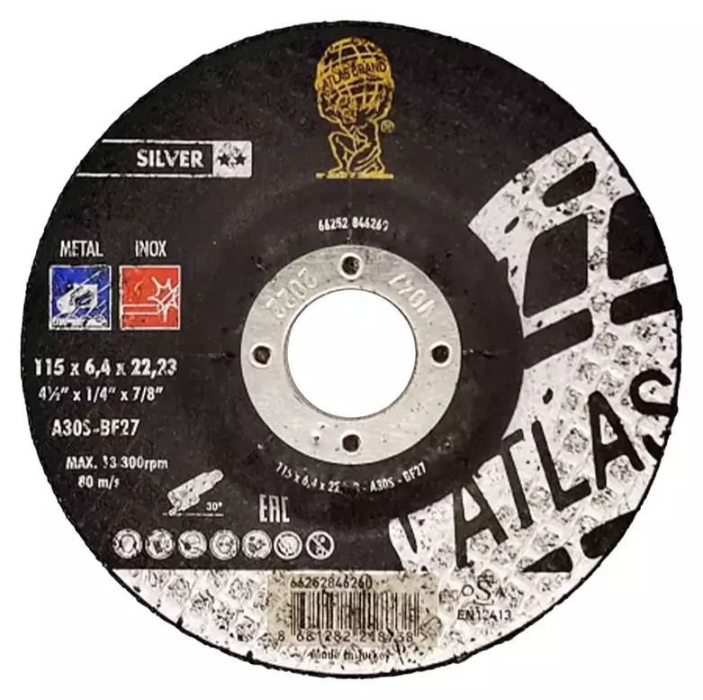 Диск шлифовальный по нержавеющей стали Atlas Inox A30S - T27 (115x6.4x22.23)