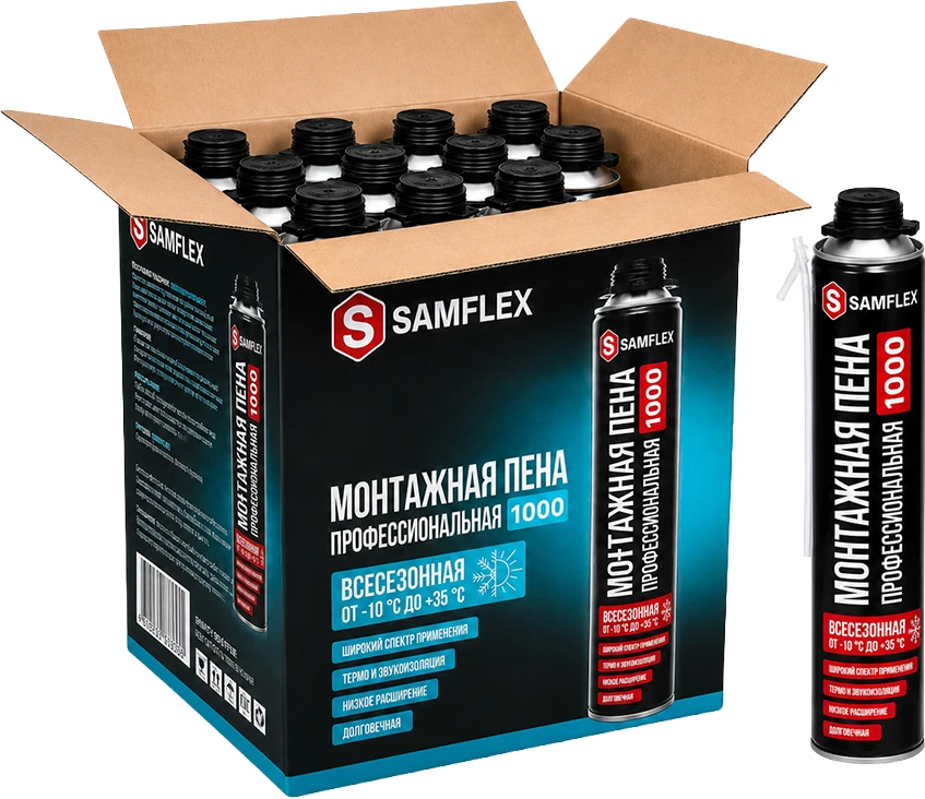 Пена монтажная с аппликатором SAMFLEX профессиональная всесезонная 1000 мл (12 шт)