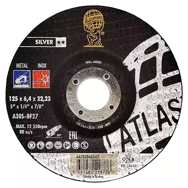 Диск шлифовальный по нержавеющей стали Atlas Inox A30S - T27 (125x6.4x22.23)