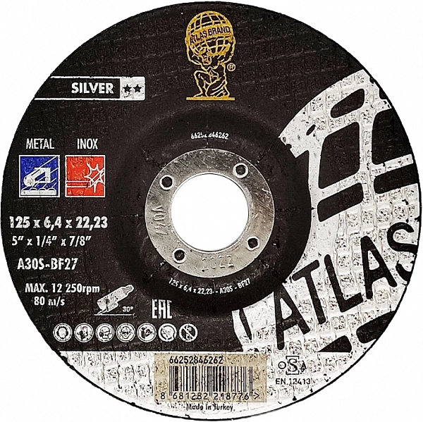 Диск шлифовальный по нержавеющей стали ATLAS INOX 125x6,4x22,2 A30S-T27