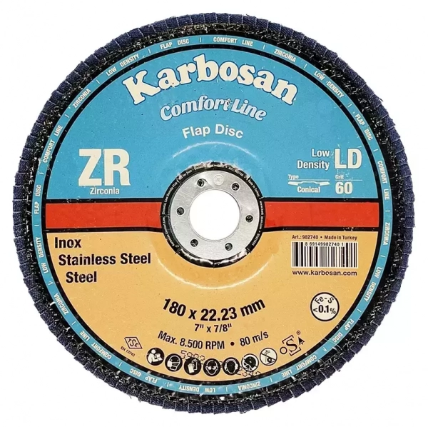 Круг лепестковый КЛТ 180х22 Р60 Karbosan Comfort Line ZR LD Flap Конический INOX