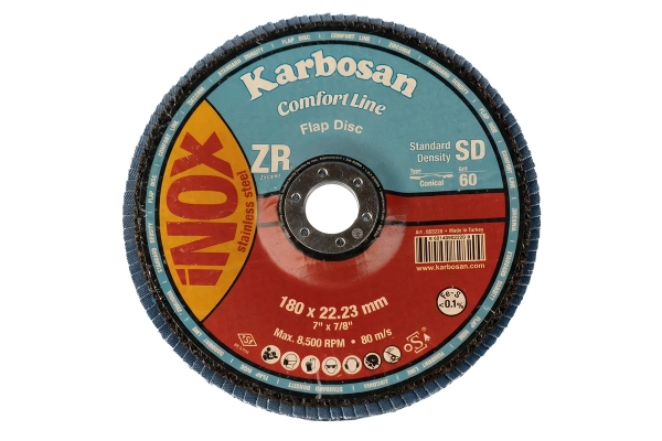 Круг лепестковый КЛТ 2 180х22 Р60 Karbosan Comfort Line ZR SD Flap Конический INOX