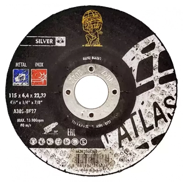 Диск шлифовальный по нержавеющей стали Atlas Inox A30S - T27 (115x6.4x22.23)