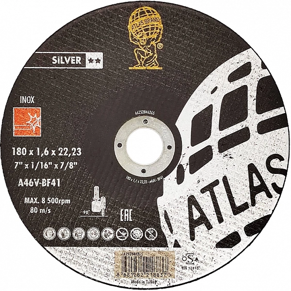 Диск отрезной по нержавеющей стали ATLAS INOX 180x1,6x22,2 мм A46V-T41
