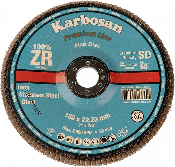 Круг лепестковый КЛТ 2 180х22/Р60 Karbosan Premium Line ZR SD Flap Конический INOX