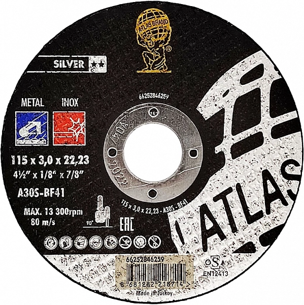 Диск отрезной по нержавеющей стали ATLAS INOX 115x3x22,2 мм A30S-T41
