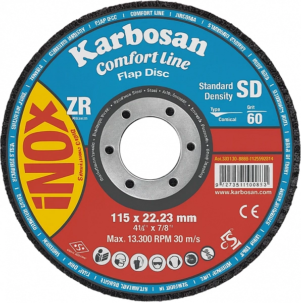 Круг лепестковый КЛТ2 115х22 Р60 Karbosan Comfort Line ZR SD Flap конический INOX