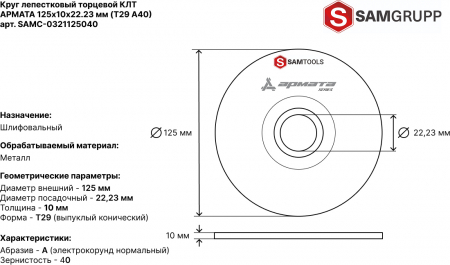 Круг лепестковый торцевой КЛТ 125х22.2 Р40 Samtools Армата