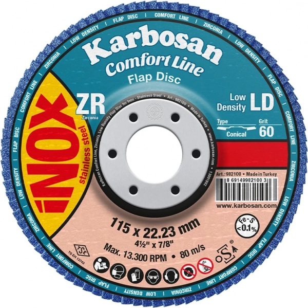 Круг лепестковый КЛТ 2 115х22 Р60 Karbosan Comfort Line ZR LD Flap конический INOX