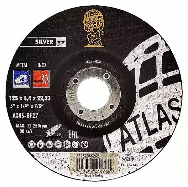 Диск шлифовальный по нержавеющей стали Atlas Inox A30S - T27 (125x6.4x22.23)