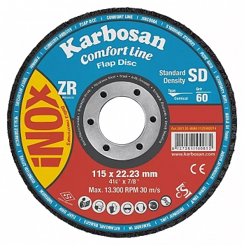 Круг лепестковый КЛТ2 115х22 Р60 Karbosan Comfort Line ZR SD Flap конический INOX