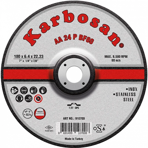Диск шлифовальный по нержавеющей стали Karbosan 180х6,4х22 INOX