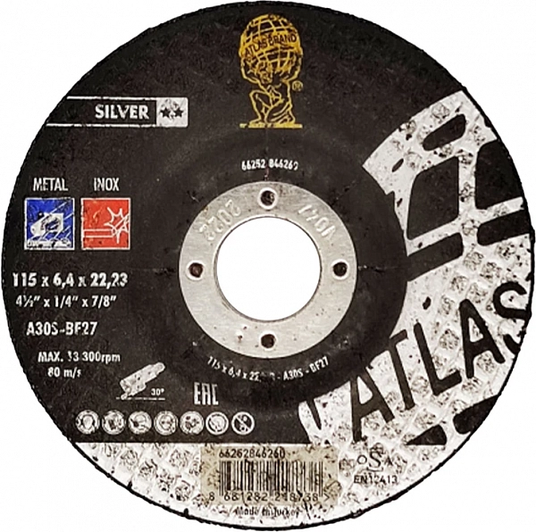 Диск шлифовальный по нержавеющей стали ATLAS INOX 115x6,4x22,2 A30S-T27