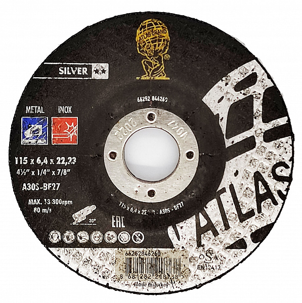Диск шлифовальный по нержавеющей стали Atlas Inox A30S - T27 (115x6.4x22.23)